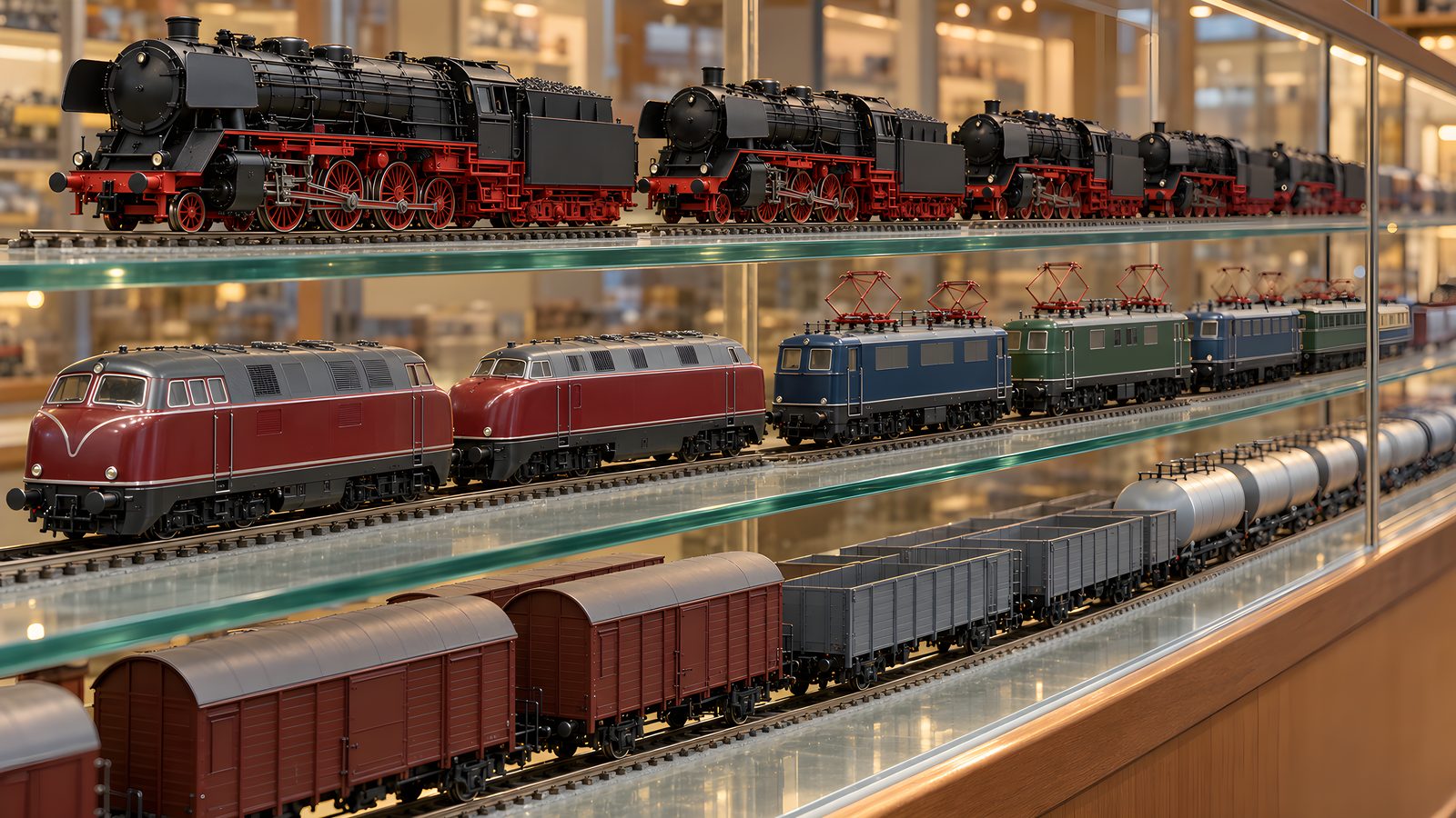 Lange Glasvitrine mit drei Glasböden: oben schwarze Dampfloks mit roten Rädern, in der Mitte rote Dieselloks und blaue und grüne Elloks, unten Güterwagen und Kesselwagen, alle auf kurzen Gleisstücken