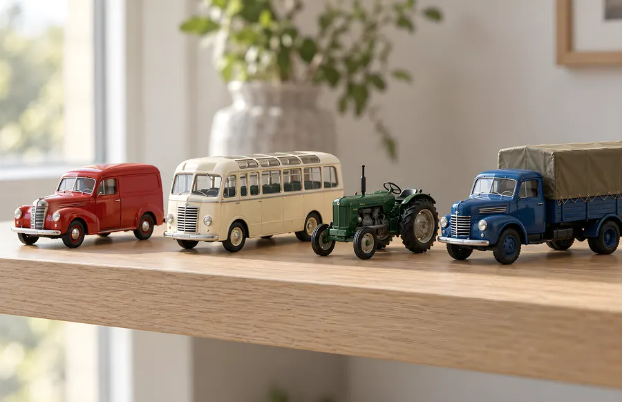 Vier kleine Modellfahrzeuge auf einem Eichenbrett: roter Lieferwagen, cremefarbener Bus, grüner Traktor und blauer Lastwagen mit Plane